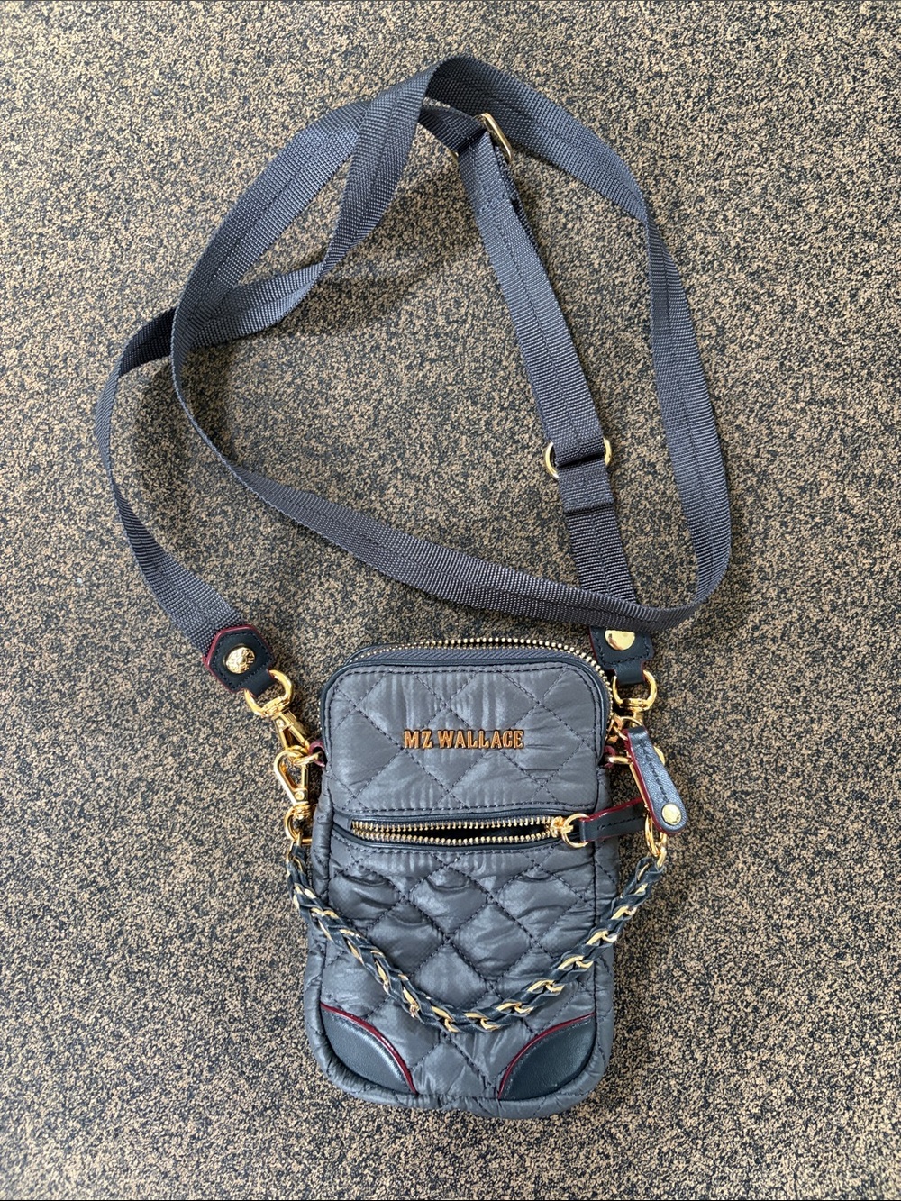 MZ WALLACE Quilted Crossbody Phone Bag in Charcoal with Gold Hardware
